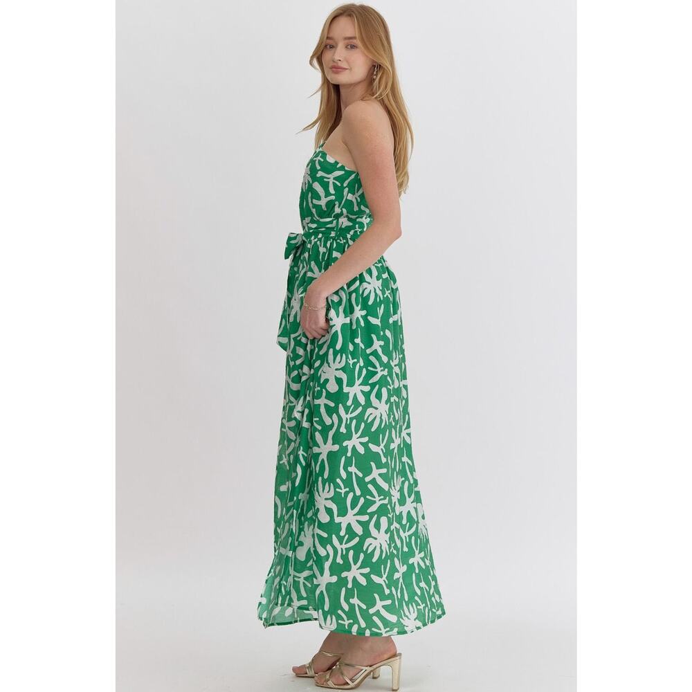 Entro NWT Green One-Shoulder Printed Midi Dress with Slit Sz L - Picture 5 of 10